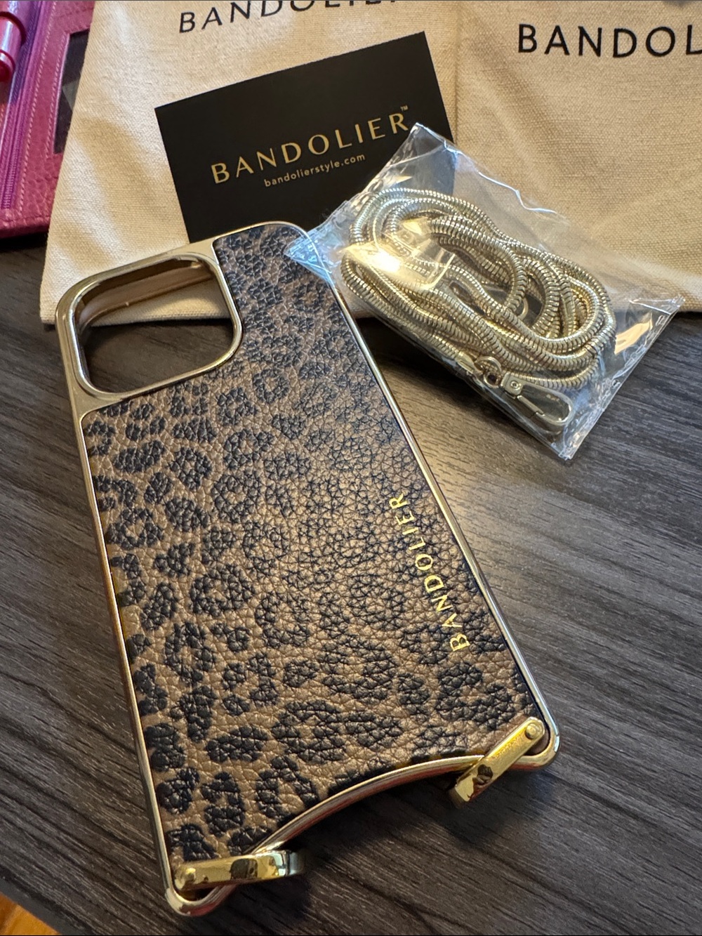 Bandolier Leopard Print Phone Case in Brown and Black with Gold Accents